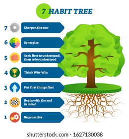 7 habit tree success mindset stages vector illustration. Be proactive, begin with the end in mind, put first things first, win-win, first understand, then be understood, synergize and sharpen the saw.