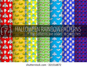 7 Halloween rainbow seamless patterns. Hand drawn monsters, pen and ink