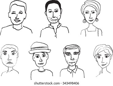 7 hand draw people faces in black and white