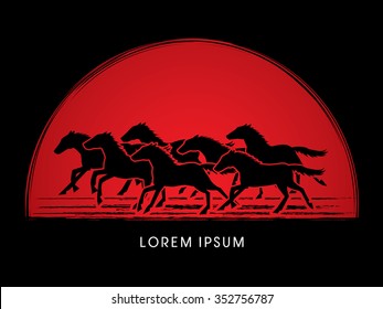 7 horses running, designed on sunset or sunrise background graphic vector.