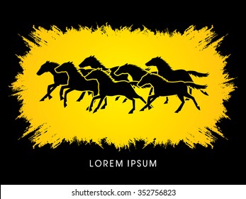 7 horses running, designed using grunge brush graphic vector.