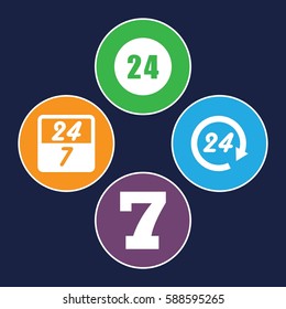 7 icons set. Set of 4 7 filled icons such as 7 number, 24 hours