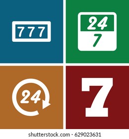 7 icons set. set of 4 7 filled icons such as 7 number, 24 hours