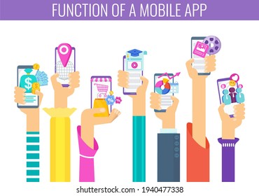 7 Important Function Of A Mobile App. Hand with phone. Learning, entertainment and navigation. Online banking, business management. Flat vector illustration.