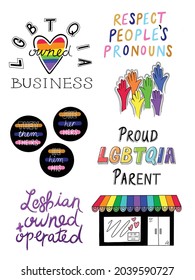 7 isolated vector hand drawn icons all depicting an aspect of LGBT life, business, family, in unique hand lettered fonts and badges for stickers, print, graphic, web design