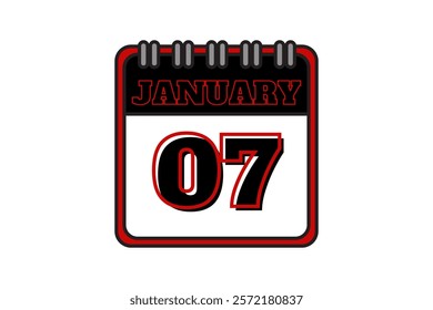 7 January calendar icon text page monthly web design on red, black and white background vector, icon, or illustration with the month of January 7