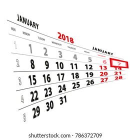 7 January highlighted on calendar 2018. Week starts from Monday. Vector Illustration.