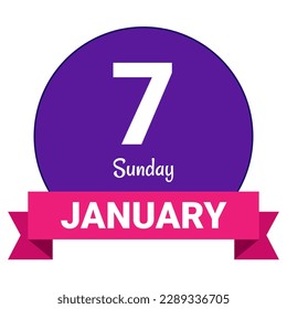 7 January, Sunday. Date template. Useful design for calendar or event promotion. Vector illustration EPS 10 File. Isolated on white background. 