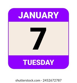 7 January, Tuesday. Date template. Useful design for calendar or event promotion. Vector illustration EPS 10 File. Isolated on white background. 