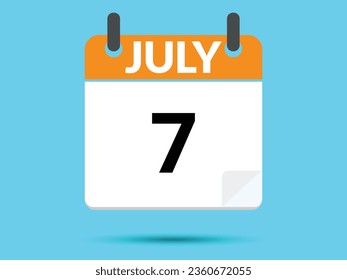 7 July. Flat icon calendar isolated on blue background. Vector illustration.
