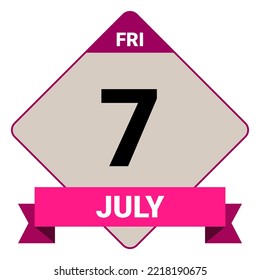 7 de julio, viernes. Plantilla de fecha. Diseño útil para la promoción de calendarios o eventos. Ilustración vectorial Archivo EPS 10. Aislado sobre fondo blanco.
