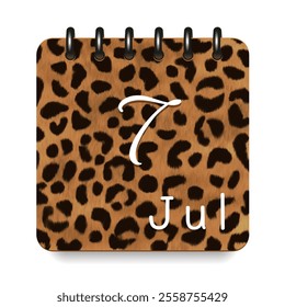 7 July. Leopard print calendar daily icon. White letters. Date day week Sunday, Monday, Tuesday, Wednesday, Thursday, Friday, Saturday.