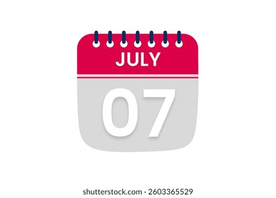 7 July month single day vector, illustration, calendar with red, off white and white color background calendar July 7