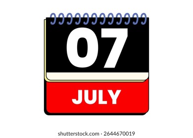 7. Juli Monat einzelner Tag, Vektorgrafik, Kalender mit roter, schwarzer, gelber und weißer Hintergrundfarbe, Kalendersymbol am 7. Juli