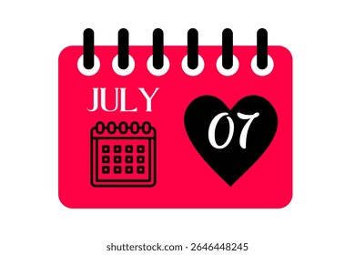 7 july month single day vector, illustration, calendar with red, black and white color background calendar icon of july 7