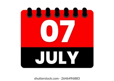 7 july month single day vector, illustration, calendar with red, black and white color background calendar icon of july 7