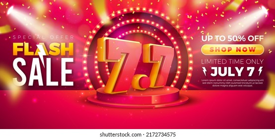 7 July Shopping Day Flash Sale Design with 3d 7.7 Number and Stage Podium on Red Background. Vector Special Offer Illustration for Coupon, Voucher, Banner, Flyer, Promotional Poster, Invitation or