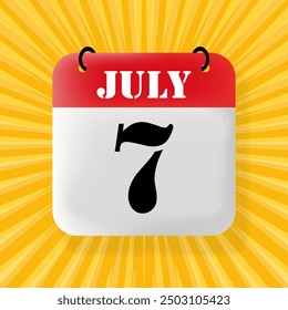 7 July. Speech bubble with calendar 2024, 2025. Year, month, day, week, time management. Planning concept. 3d illustration. Pop art style. Vector line icon for Business and Advertising