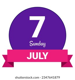 7. Juli, Sonntag. Datumsvorlage. Nützliches Design für Kalender- oder Veranstaltungswerbung. EPS10 Datei, Vektorgrafik. Einzeln auf weißem Hintergrund. 