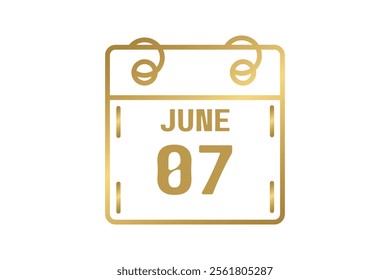 7 June calendar icon text page monthly web design on golden and white background vector, icon, or illustration with the month of June 7