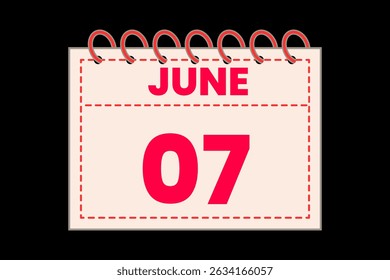 7 June calendar icon text page monthly web design on red, rose and black background vector, icon, or illustration with the month of June 7