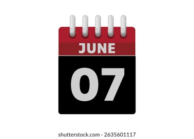 7 June calendar icon text page monthly web design on red, black and white background vector, icon, or illustration with the month of June 7