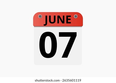 7 June calendar icon text page monthly web design on red, black and white background vector, icon, or illustration with the month of June 7
