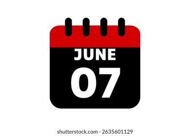 7 June calendar icon text page monthly web design on red, black and white background vector, icon, or illustration with the month of June 7