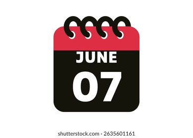 7 June calendar icon text page monthly web design on red, black and white background vector, icon, or illustration with the month of June 7