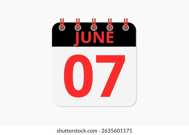 7 June calendar icon text page monthly web design on red, black and white background vector, icon, or illustration with the month of June 7