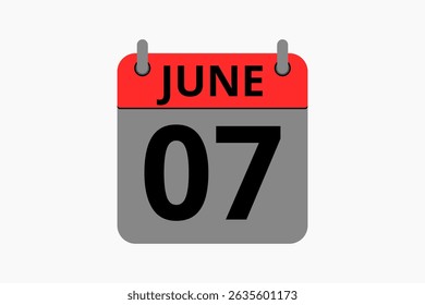 7 June calendar icon text page monthly web design on red, black and white background vector, icon, or illustration with the month of June 7