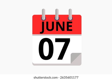 7 June calendar icon text page monthly web design on red, black and white background vector, icon, or illustration with the month of June 7