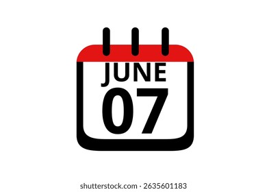 7 June calendar icon text page monthly web design on red, black and white background vector, icon, or illustration with the month of June 7