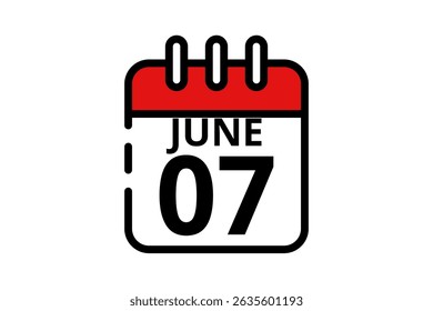7 June calendar icon text page monthly web design on red, black and white background vector, icon, or illustration with the month of June 7