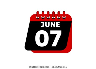 7 June calendar icon text page monthly web design on red, black and white background vector, icon, or illustration with the month of June 7