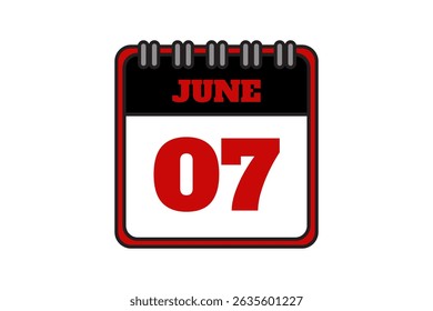 7 June calendar icon text page monthly web design on red, black and white background vector, icon, or illustration with the month of June 7