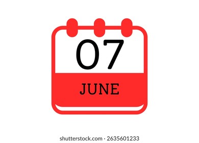7 June calendar icon text page monthly web design on red, black and white background vector, icon, or illustration with the month of June 7