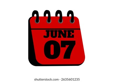 7 June calendar icon text page monthly web design on red, black and white background vector, icon, or illustration with the month of June 7