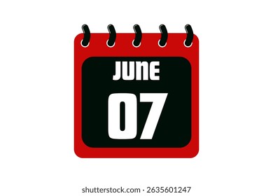 7 June calendar icon text page monthly web design on red, black and white background vector, icon, or illustration with the month of June 7