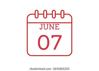 7 June calendar icon text page monthly web design on red, black and white background vector, icon, or illustration with the month of June 7