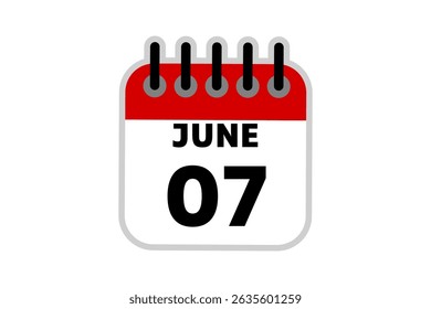 7 June calendar icon text page monthly web design on red, black and white background vector, icon, or illustration with the month of June 7