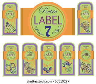 7 labels: Banana, grapes, apple, strawberry, cherry, lemon, maple Retro style