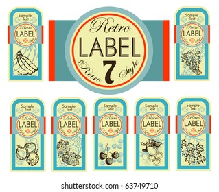 7 labels: Banana, grapes, apple, strawberry, cherry, lemon, maple Retro style