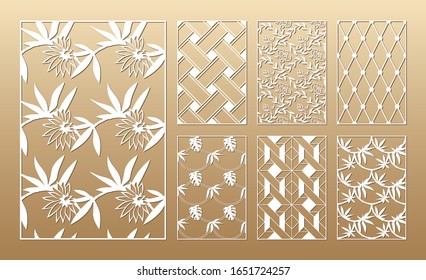 7 Laser cut vector panels (ratio 2:3). Cutout silhouette with flowers, leaves, bamboo, ropes, mosaic and geometric patterns. The set is suitable for engraving, laser cutting wood.