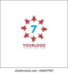 7 letter brand identity. Vector graphic elegant sliced alphabet symbol with star element on circle in silver and red color.