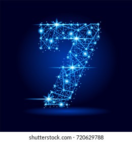 7 letter from futuristic polygonal lines and sparkles with space stars. Blue vector illustration on black background for card or web design.