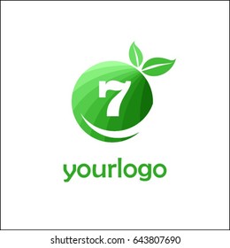 7 letter organic market logo. Eco green food brand identity. Fresh apple with letters in a circle with leaves.