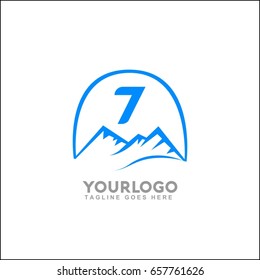 7 letter vector mountains emblem identity. Outdoor activity symbol. Adventure or sport logo badge. Vector illustration