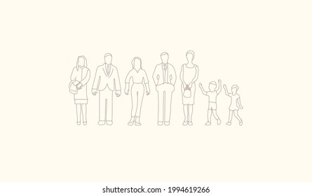 7 line art people, 3 women 2 male, 2 children kids, males with suit, womens with dress, pants, trousers, modern clothes, big family, soft vintage colors, all isolated with smooth lines.