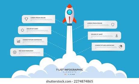 7 lista de pasos, diagrama de diseño con secuencia de nivel de stair, plantilla de elemento infográfico con ilustración de lanzamiento de lanzamiento de cohete